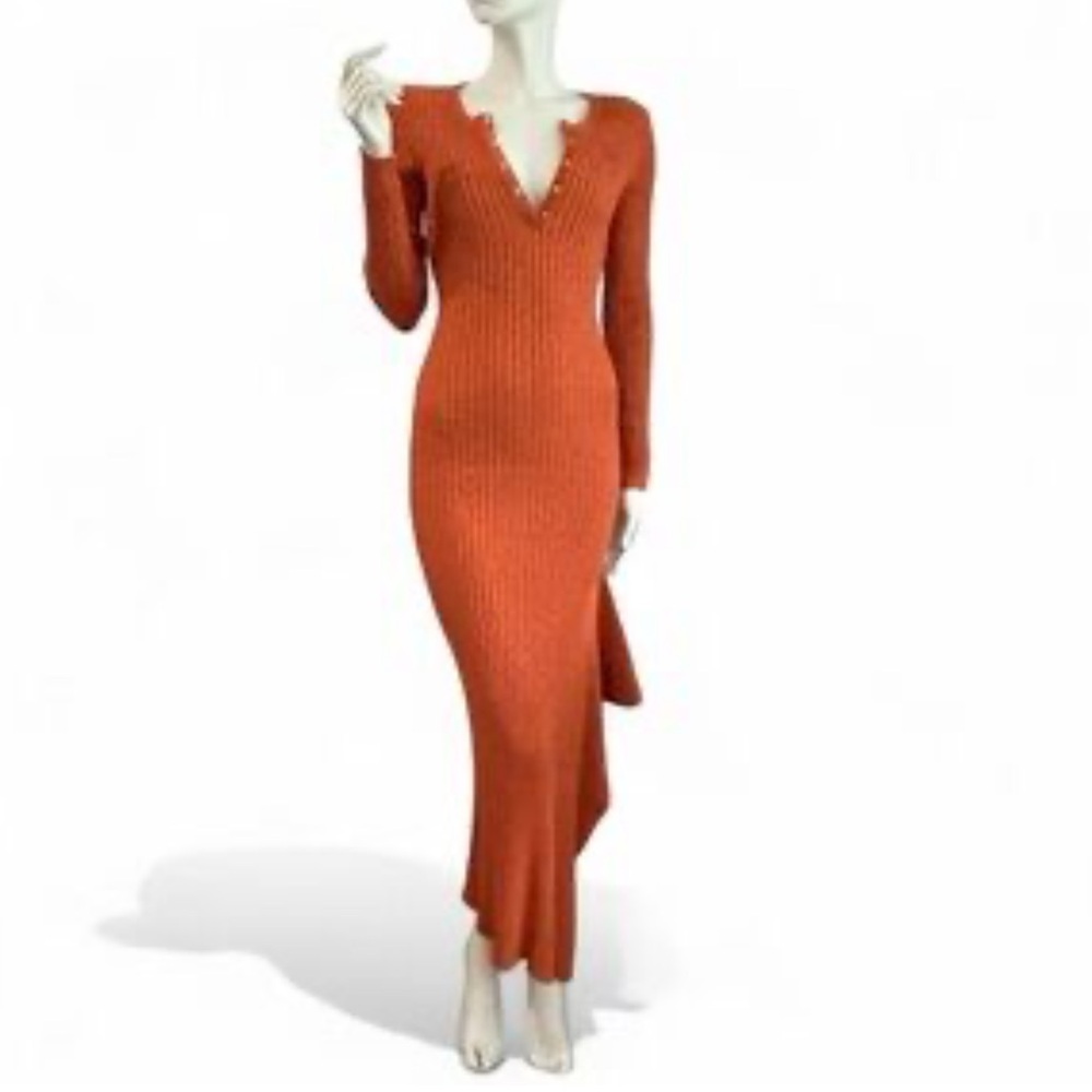 Long Ribbed Knit V-Neck Dress in Burnt Orange